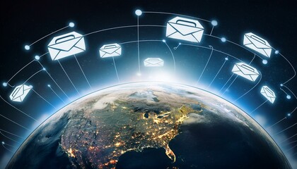 回転する地球と浮かぶSNS、クラウド、メールアイコンが象徴するデジタル社会