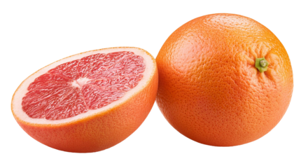 Ripe grapefruit showing whole fruit and cross section on transparent background