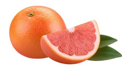Ripe pink grapefruit with slice and leaves on transparent background