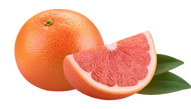 Ripe pink grapefruit with slice and leaves on transparent background