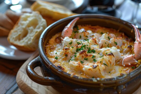 Chilean coastal dish with baked crabmeat cheese cream and bread Traditional chilean food