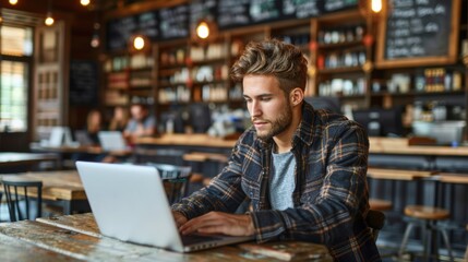 Young man with stylish hair and casual attire working on his modern laptop in a trendy urban cafe with a warm and inviting atmosphere, surrounded by a blurred background of shelves and another patrons