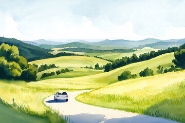 Watercolor painting of a white car driving away on a country road through green hills, on a sunny summer day