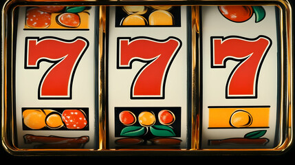 Close-up of spinning slot machine reels with the iconic triple sevens, symbolizing luck and gambling