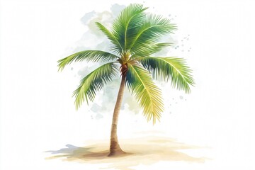 Obraz premium Watercolor painting of a single palm tree growing on a tropical island, evoking tranquility and wanderlust