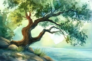 Watercolor painting representing a lonely tree growing on the shore of a lake surrounded by mountains