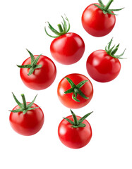 Fresh cherry tomatoes falling on transparent background