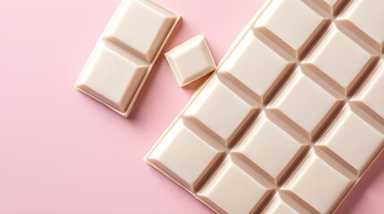 Fototapeta premium Zoomed-in shot of white chocolate bar with smooth edges and fine detail, set against soft pink background, white chocolate bar, confectionery elegance