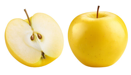 Whole and halved golden delicious apple isolated on transparent background
