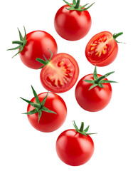 Fresh cherry tomatoes falling on transparent background