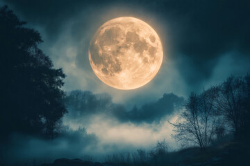 Illuminating the misty forest, a huge full moon casts an eerie glow over the dark landscape, creating a magical and spooky atmosphere