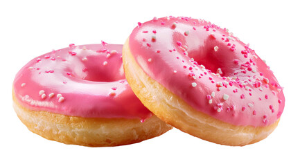 Two pink glazed donuts with sprinkles on transparent background