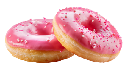 Two pink glazed donuts with sprinkles on transparent background