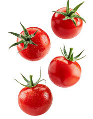 Four fresh red cherry tomatoes falling with water droplets on transparent background