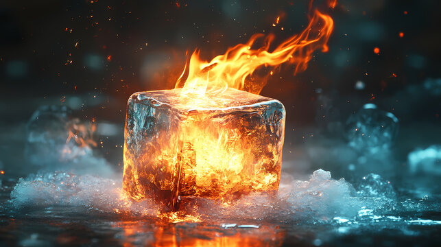 Flaming ice cube paradox marketing photo. Paradox. Illustration