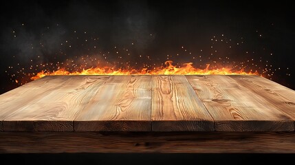 A wooden tabletop with flames in the background, creating a dramatic and intense atmosphere.