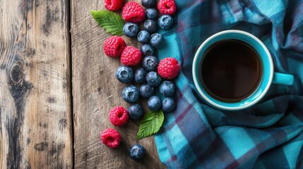 Fresh berries and coffee arrangement on wooden table cozy kitchen atmosphere top view