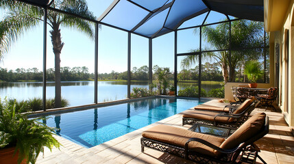 Elegant Florida mansion lanai patio boasts stunning waterfront views, expansive screened-in pool area, and sleek exterior design