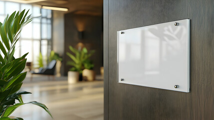 Empty glass nameplate design mockup in 3D rendering on modern office wall near entrance, perfect for branding and signage
