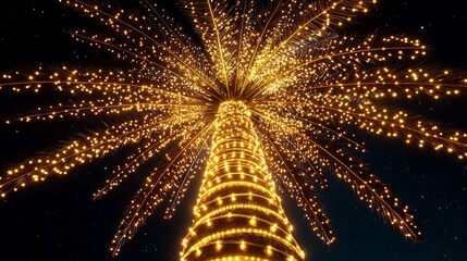 tropical Christmas palm, adorned with garlands and LED lights, illuminated coconuts, serene night sky ambiance, isolated on white background