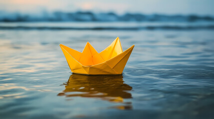 Yellow Paper Boat Change Direction - Leadership Vision And Opportunity - Sailing Against The Tide