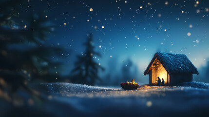Nativity Scene - Birth Of Jesus Christ With Manger In Snowy Night And Starry Sky - Abstract Defocused Background 