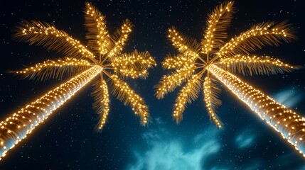 tropical Christmas palm, adorned with garlands and LED lights, illuminated coconuts, serene night sky ambiance, isolated on white background