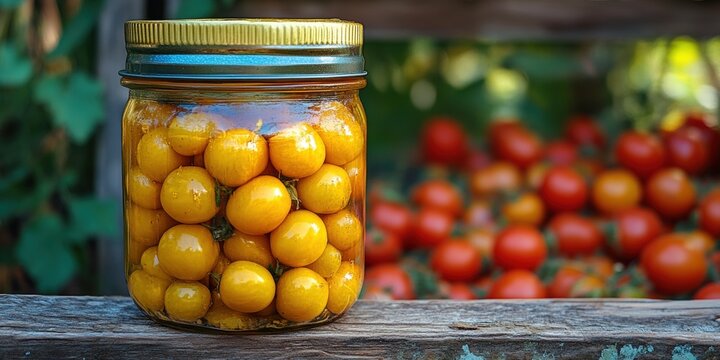 A beautifully captured image showcasing a jar full of vibrant, freshly picked yellow cherry tomatoes, with a background of red tomatoes, set in a rustic outdoor environment - Powered by Adobe