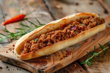 Ciabatta with olive wood board and meat spread