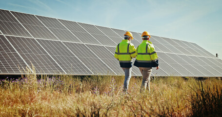 Solar panels, team and technician with people in nature for photovoltaic grid, renewable energy or...