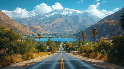 Fototapeta premium Scenic Mountain Road Leads To Lake And Majestic Peaks