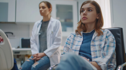 Fototapeta premium young woman sits in medical office, looking concerned while doctor stands nearby. atmosphere conveys sense of anxiety and anticipation during health consultation