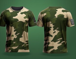 Army t shirt front and back view on a green background. Generated image