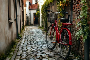 Fototapete Rund Retro red bicycle resting on cobblestones in a charming old town, AI Generated © John
