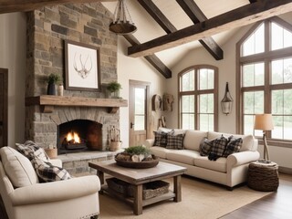 Rustic farmhouse living room with wooden beams, plaid pillows, and a stone fireplace