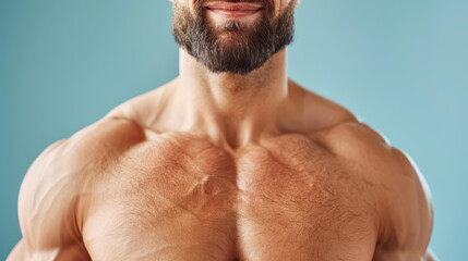 Fototapeta premium Strong, tanned male flexes muscles at the gym, showcasing dedication and strength in his fitness journey.