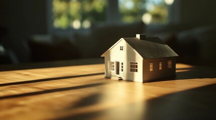 A model of a small white house on a wooden table representing a real estate downsizing concept and moving with copy space