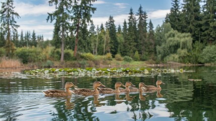 Fototapeta premium A mother duck and her ducklings are swimming in a pond. The mother duck is leading the way, while the ducklings follow closely behind her. The scene is peaceful and serene