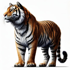 Fototapeta premium Tiger isolated on a white background, Side view, tiger standing full HD image generated by Ai. full body, realistic, full detail looking at the camera.