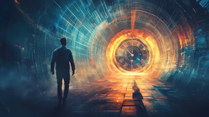 Concept of time travel through a futuristic portal, futuristic, science fiction, time machine, adventure, journey. Paradox. Illustration