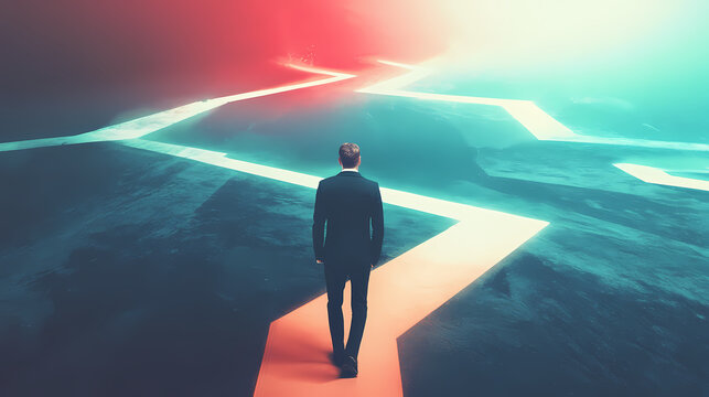 Confused businessman thinking make decision on multiple route ahead, futuristic technology. make decision for career path or business growth concept. Paradox. Illustration