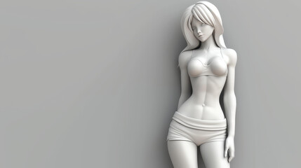 Obraz premium A stylish 3D image of a woman in shorts and a halter top, relaxed against a wall, exuding confidence and grace.