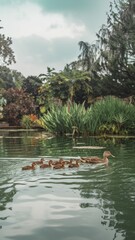 A mother duck and her ducklings are swimming in a pond. The mother duck is leading the way, while the ducklings follow closely behind her. The scene is peaceful and serene