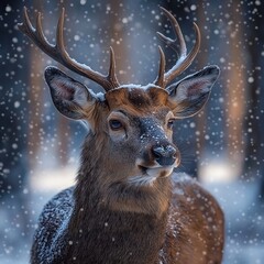 Winter scene shows deer in snowy forest. Animal stands calmly in snowfall. Snowy landscape. Wildlife photo. Nature scene in winter. Forest creatures. Outdoor winter. Animal portrait. Calm animal in