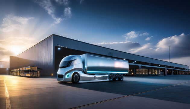 Futuristic Truck in Front of High-Tech Logistics Warehouse