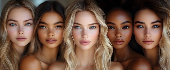 Obraz premium A diverse group of beautiful women with natural beauty and glowing smooth skin. Portrait of many attractive female fashion models with great skincare of all races, tones and style,