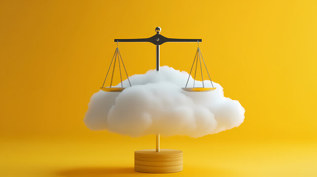 3d render. paradox of cloud and heavy weight placed on scales, isolated on yellow background. abstract balance or comparison concept. business metaphor. modern minimal scene. Paradox. Illustration