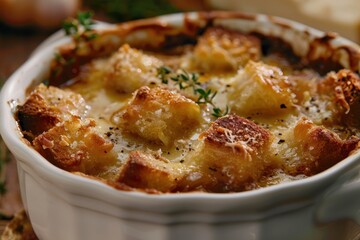 Classic French onion soup with cheese croutons and fresh thyme close up