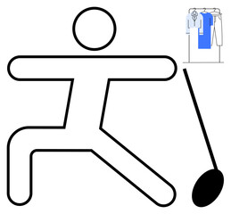 Stick figure reaching with an iron held high toward hanging clothes. Ideal for laundry, housekeeping, chores, domestic life, minimalism, organization, and household routines. Line metaphor