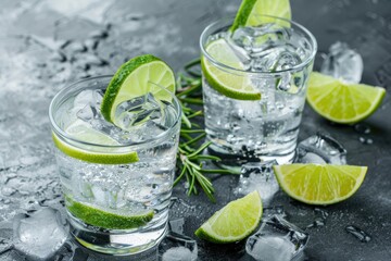 Classic gin and tonic cocktail with dry gin bitter tonic lime and ice on a gray table